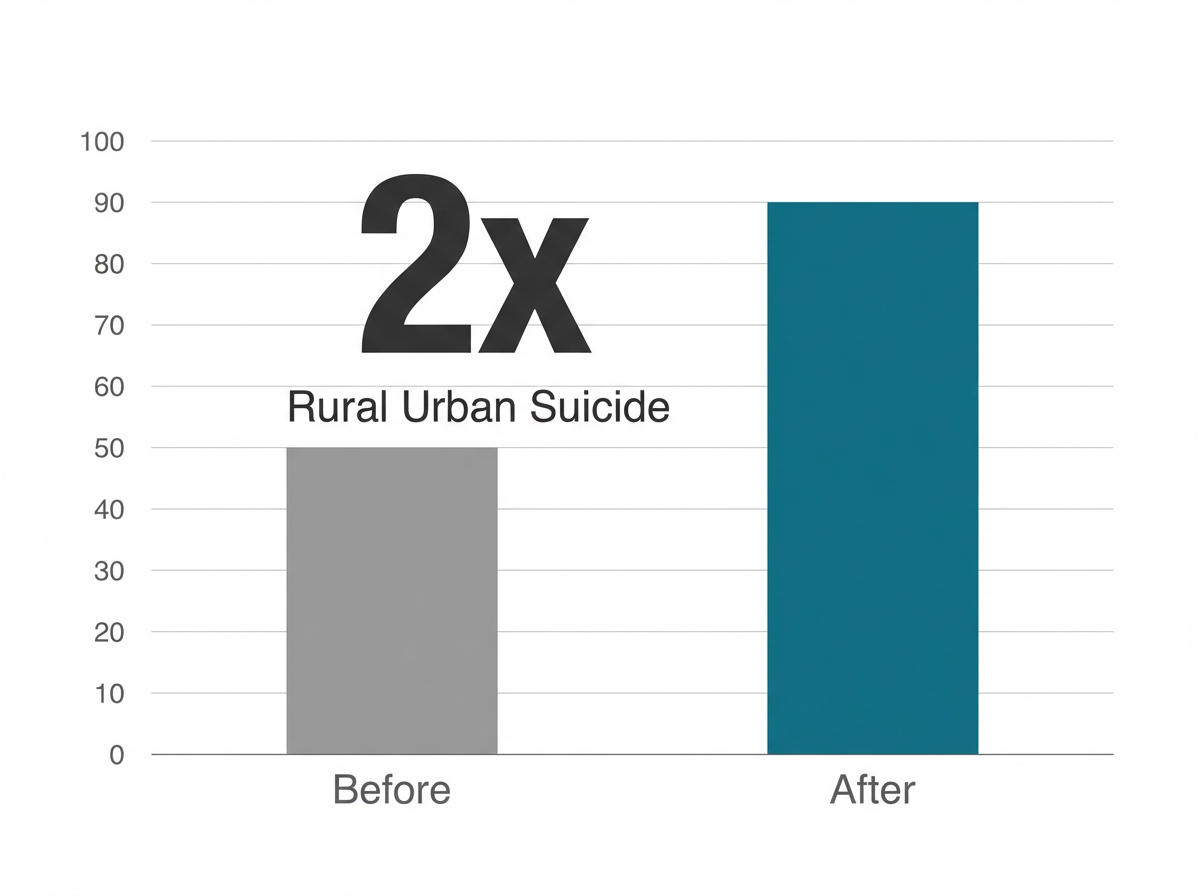 Infographic showing Rural vs. Urban Suicide Rates (2000-2020): 2x