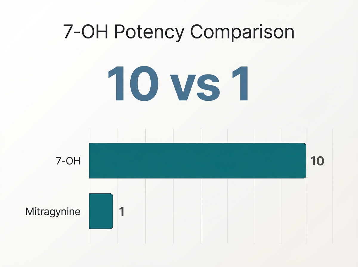 Infographic showing 7-OH vs. Mitragynine: Potency: 10 vs 1