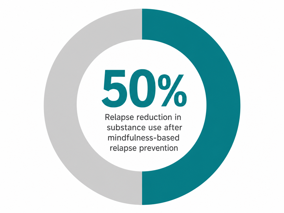 Infographic showing Relapse reduction in substance use after mindfulness-based relapse prevention: 50%