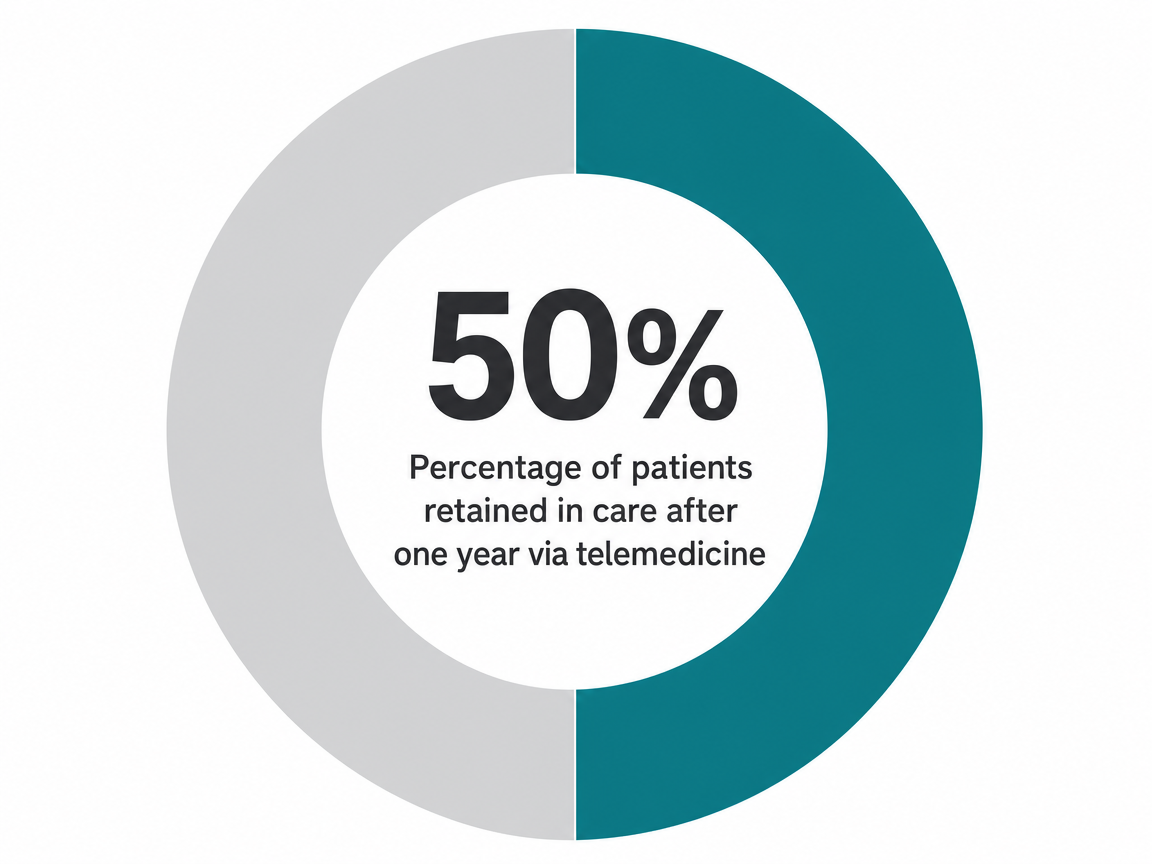 Infographic showing Percentage of patients retained in care after one year via telemedicine: 50%