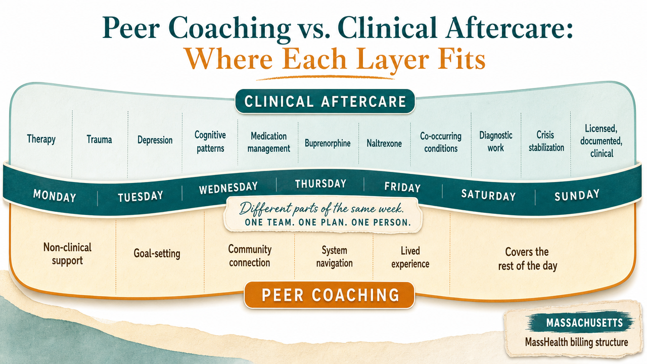 Visualize the comparison between clinical aftercare and peer coaching scopes described in this section, including the MassHealth billing structure detail