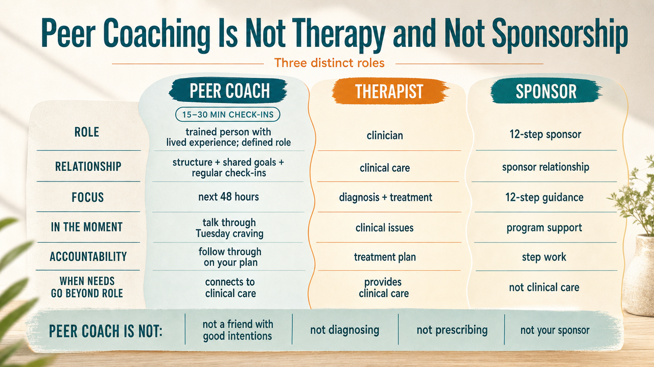Visualize the three-way comparison between peer coach, therapist, and sponsor that the section explicitly contrasts