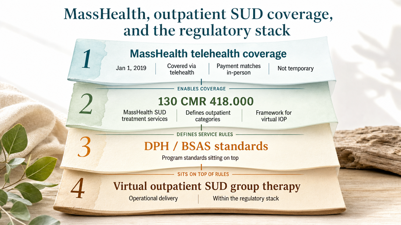 Visualize the four-layer Massachusetts regulatory stack governing virtual SUD group therapy, which the section explicitly enumerates as a list