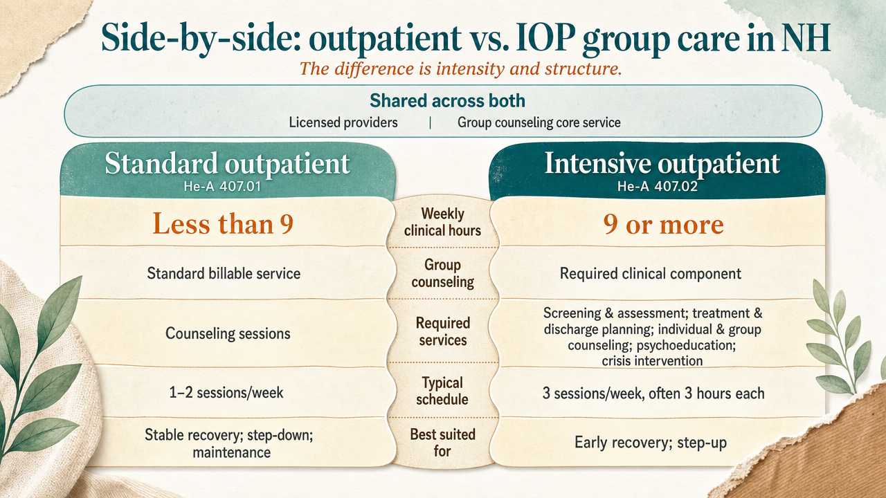 Visualize the regulatory comparison between standard outpatient and intensive outpatient care as defined in NH administrative code, directly supporting the side-by-side section