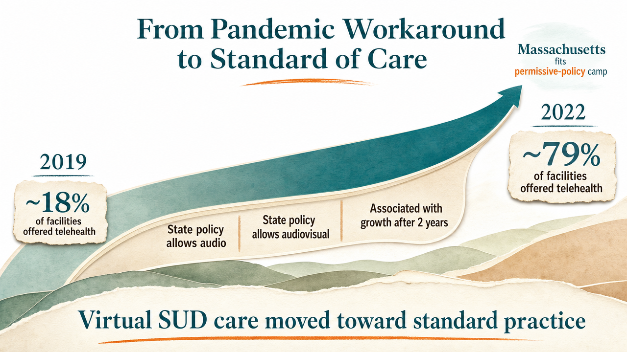 Visualize the dramatic growth in SUD treatment facilities offering telehealth between 2019 and 2022, directly supporting the cited statistic in this section
