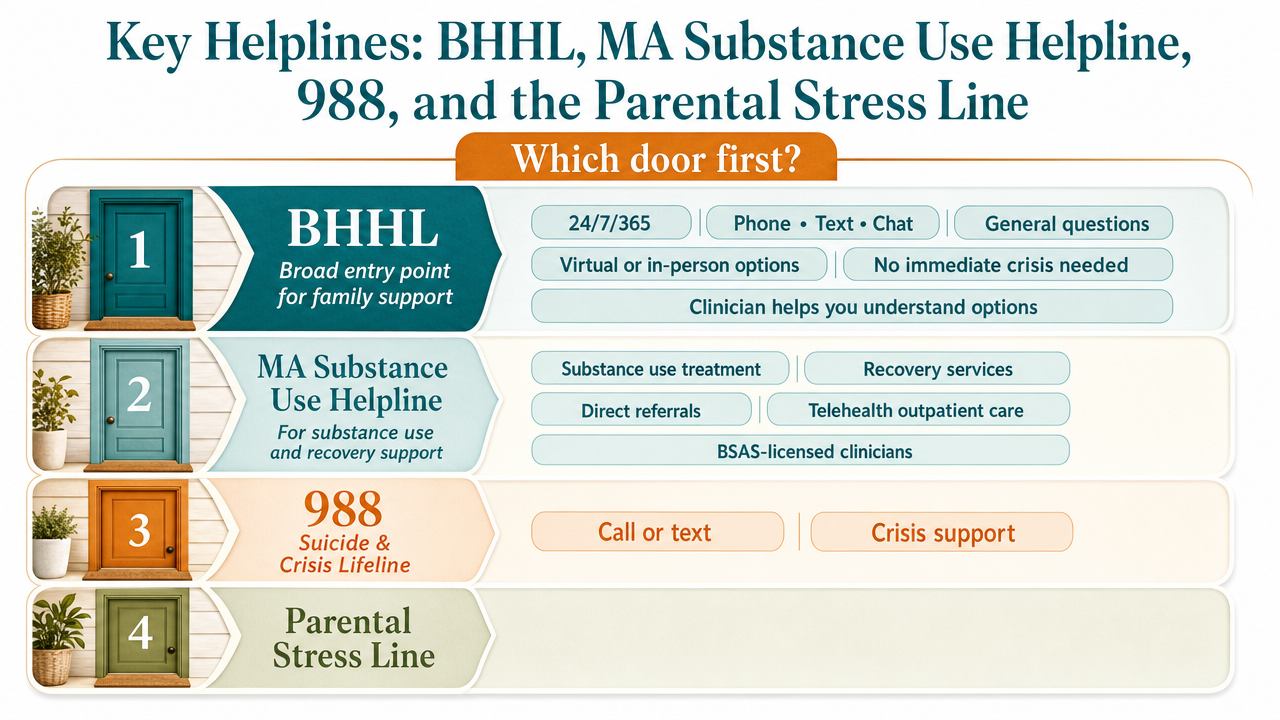 Visualize the comparison table of Massachusetts family support entry points so readers can quickly identify which door to use first
