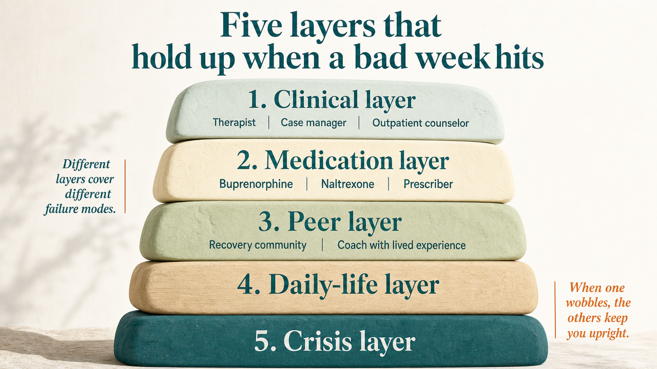 Visualize the five-layer continuing care stack described in this section, giving readers a clear reference for the framework the rest of the article builds on