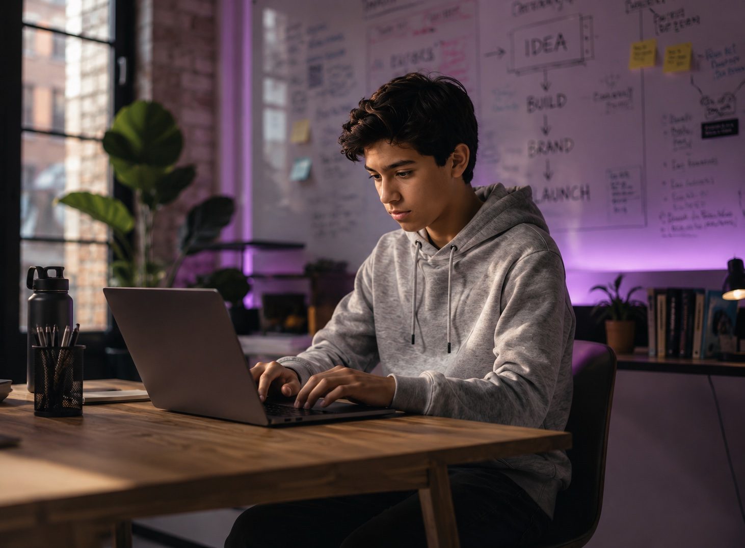 A team of young founders collaborating around laptops