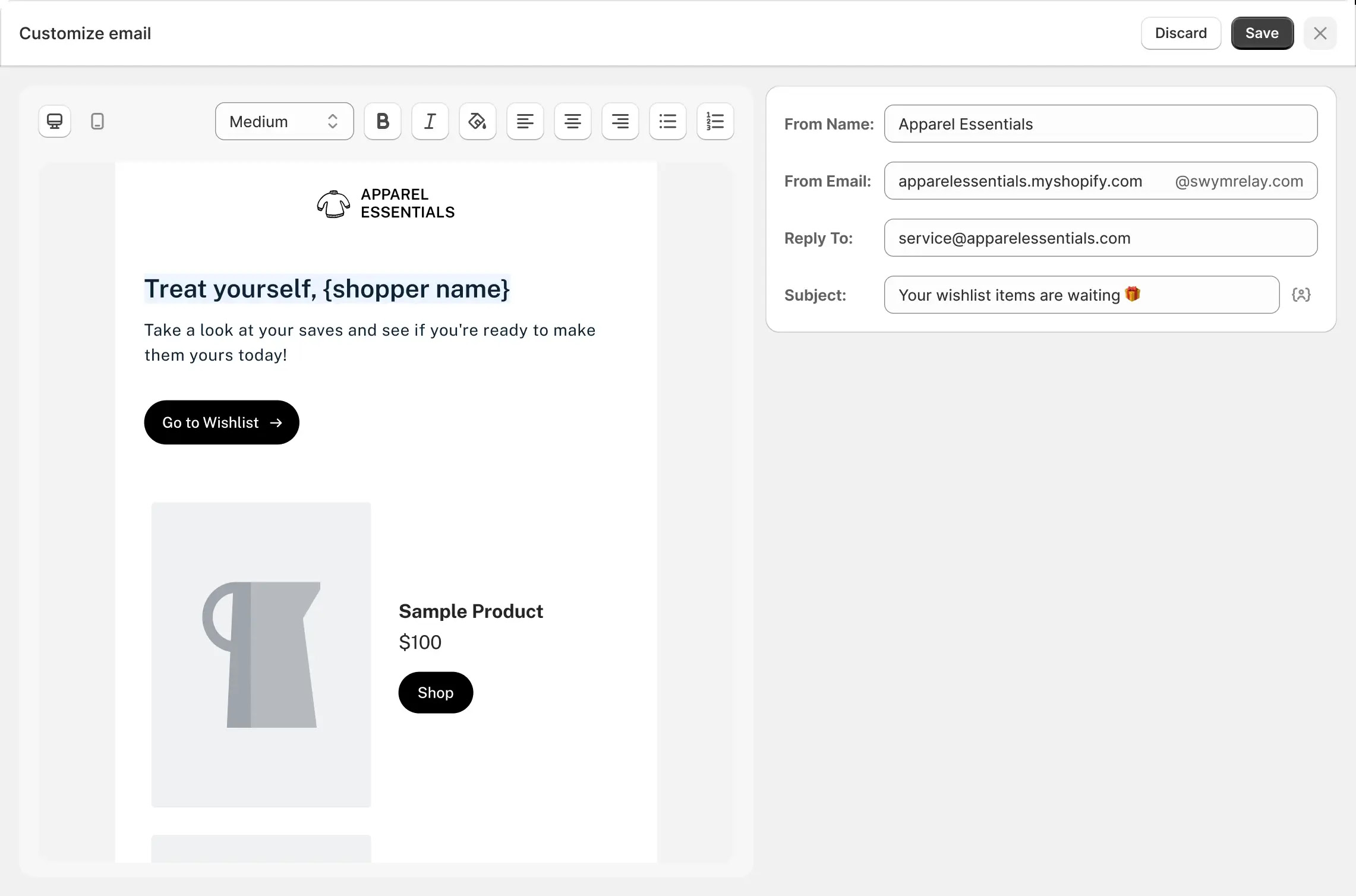 Swym's email Sender customization