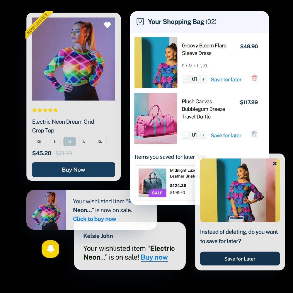 Fashion wishlist showing price drop and save for later functionality across devices