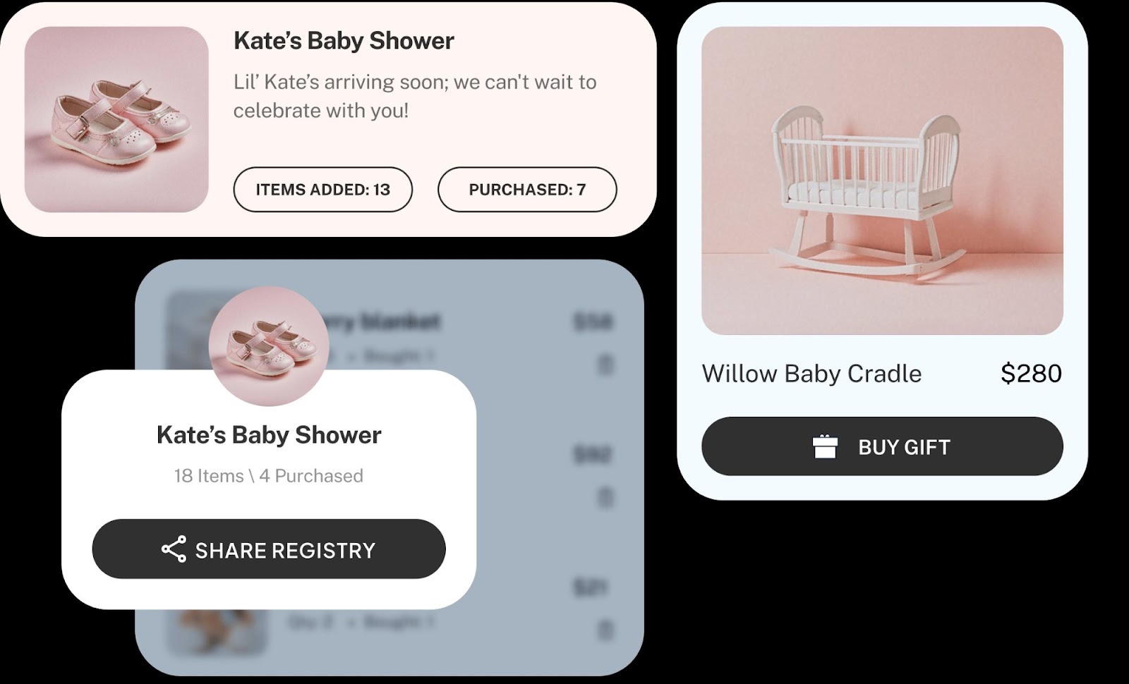 Gift registry feature showing share registry functionality for baby shower or wedding