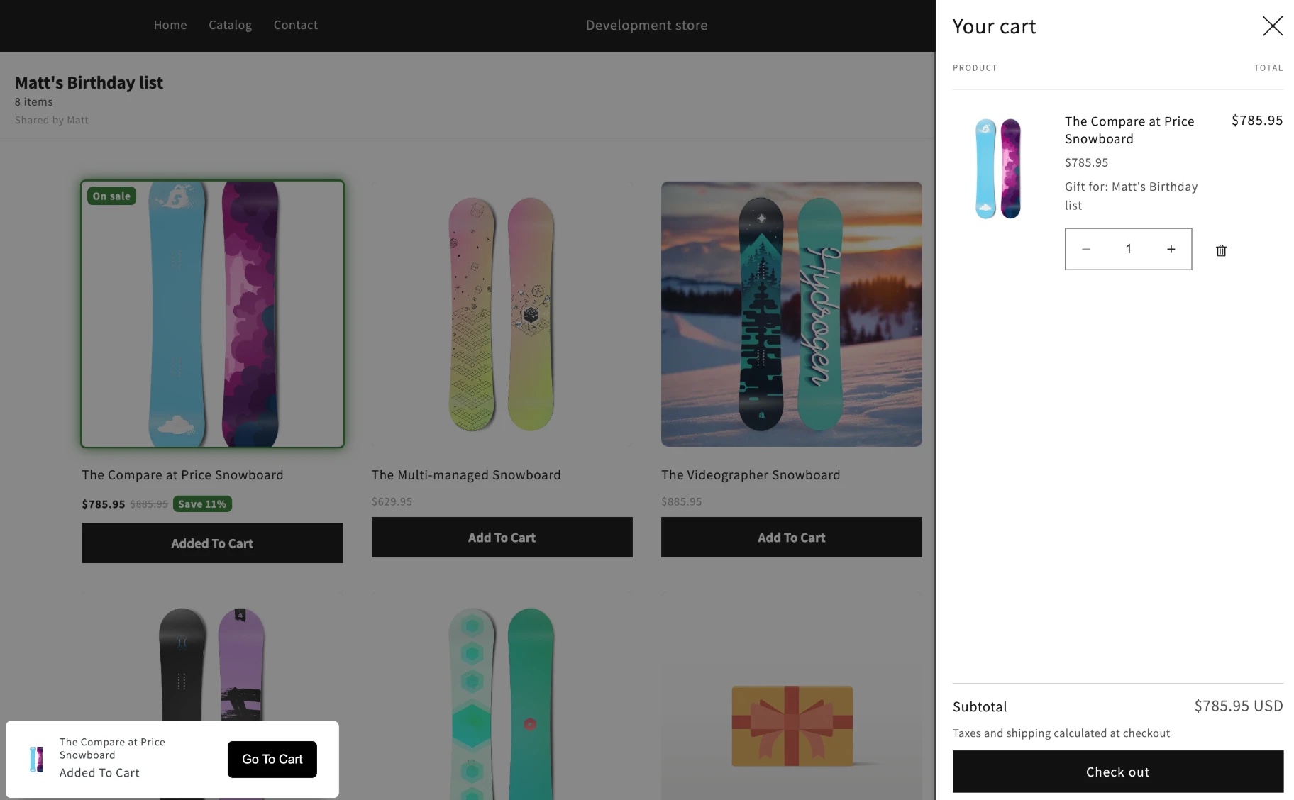 What the gift giver sees: the list's name and occasion on a page that matches your wishlist, and a "Gift for" label on what they add to the cart.