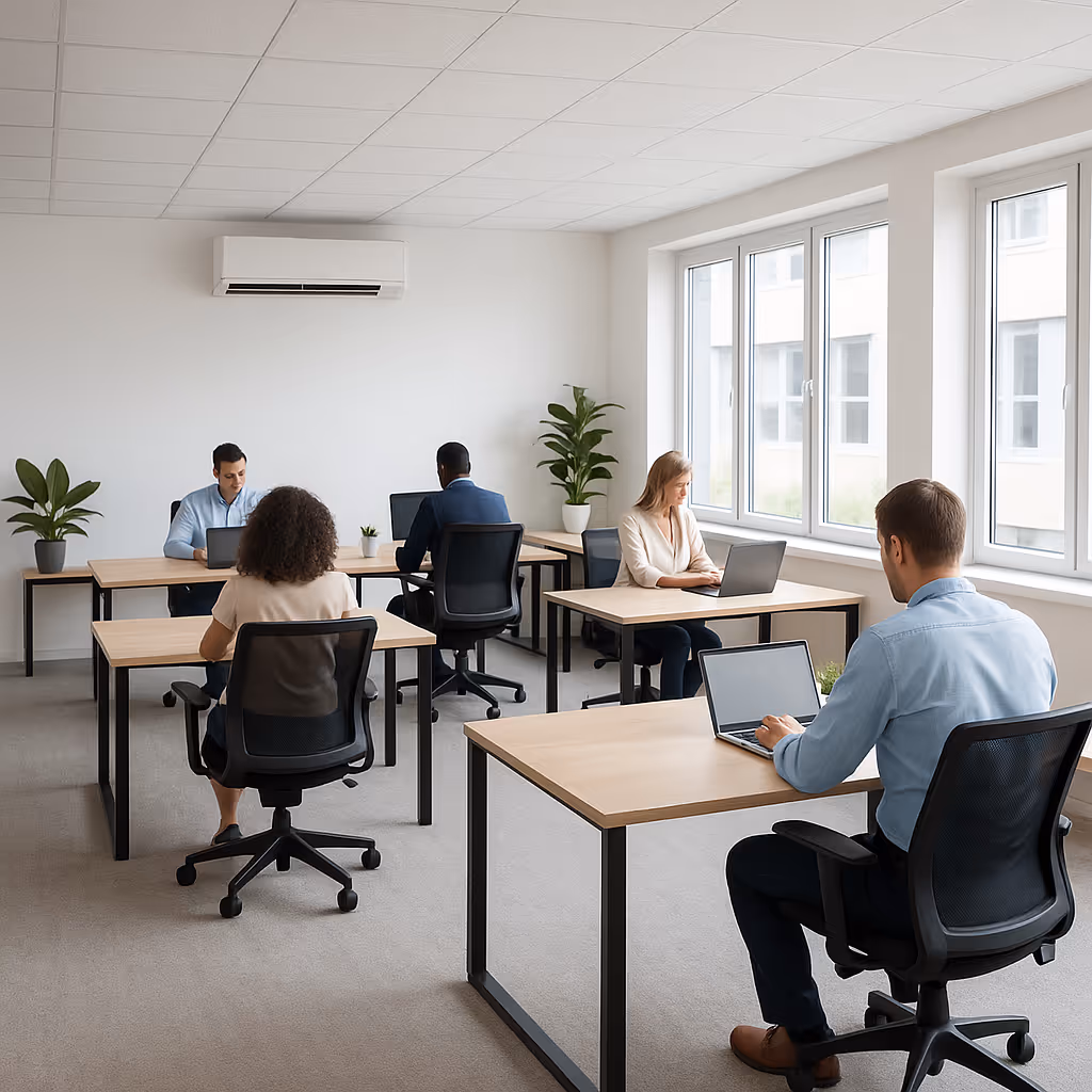 Kantoor met werken de mensen achter een laptop met een airco op de achtergrond