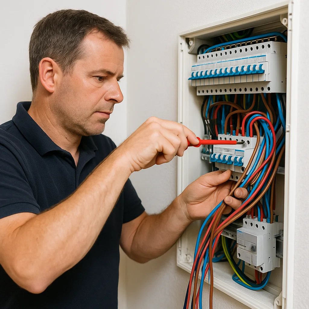 Elektra monteur met een schroevendraaier in de hand om een meterkast te installeren.