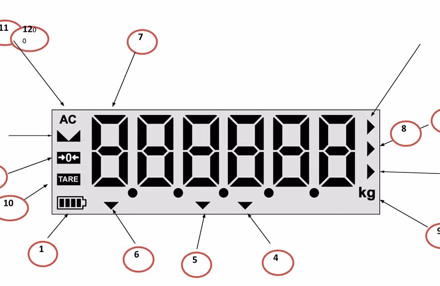 Digital scale display with seven-segment digits, unit kg, battery and tare indicators, and arrows.