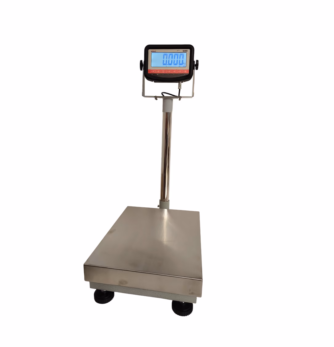 Digital platform scale with a stainless steel surface and an elevated display showing zero weight.