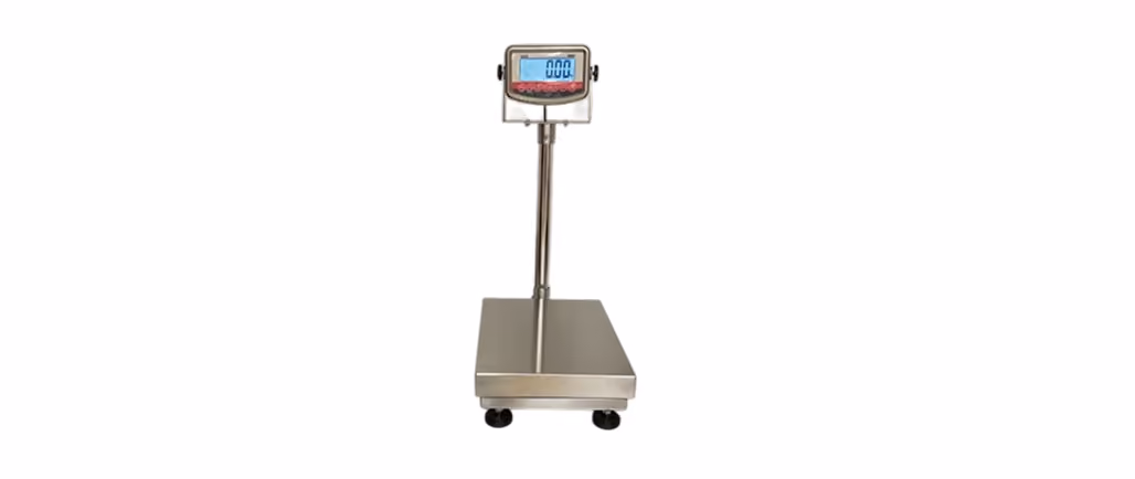 Metal platform scale with digital display showing zero weight on a white background.