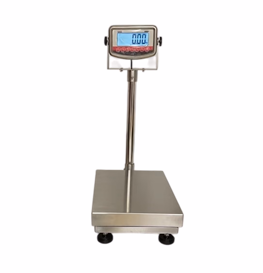 Digital industrial platform scale with stainless steel base and elevated display showing zero weight.