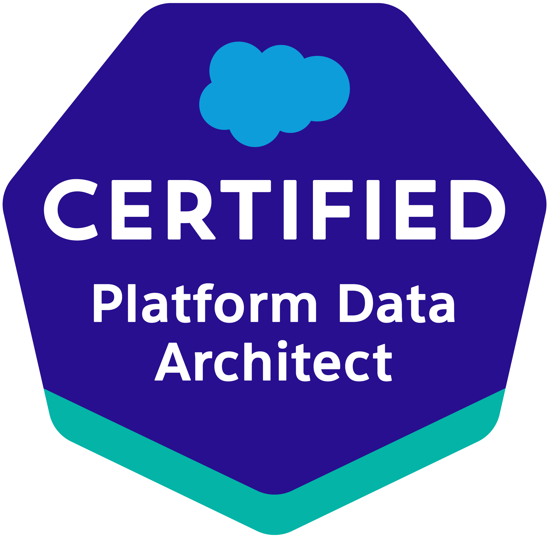 Salesforce Certified Platform Data Architect badge with blue cloud icon.