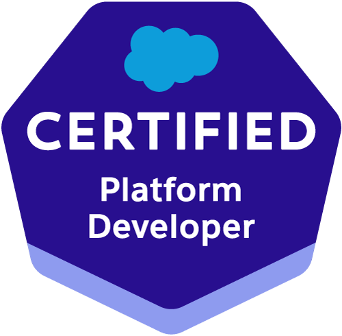 Salesforce Certified Platform Developer badge with blue cloud logo on a dark blue hexagonal background.