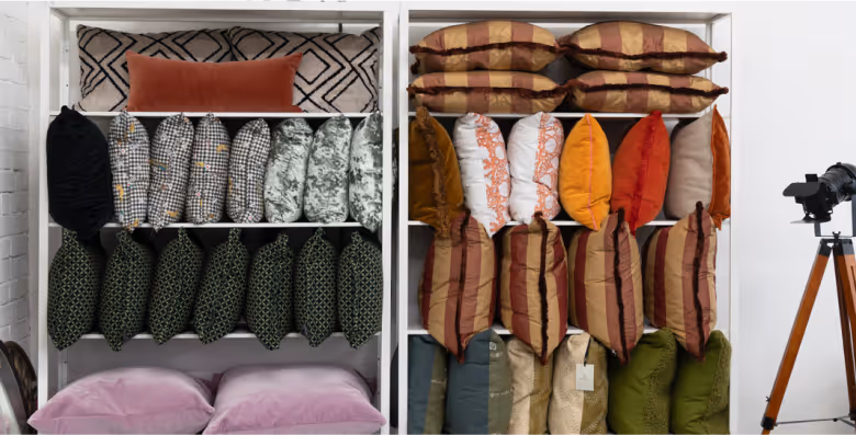 Cushions stored on shelves