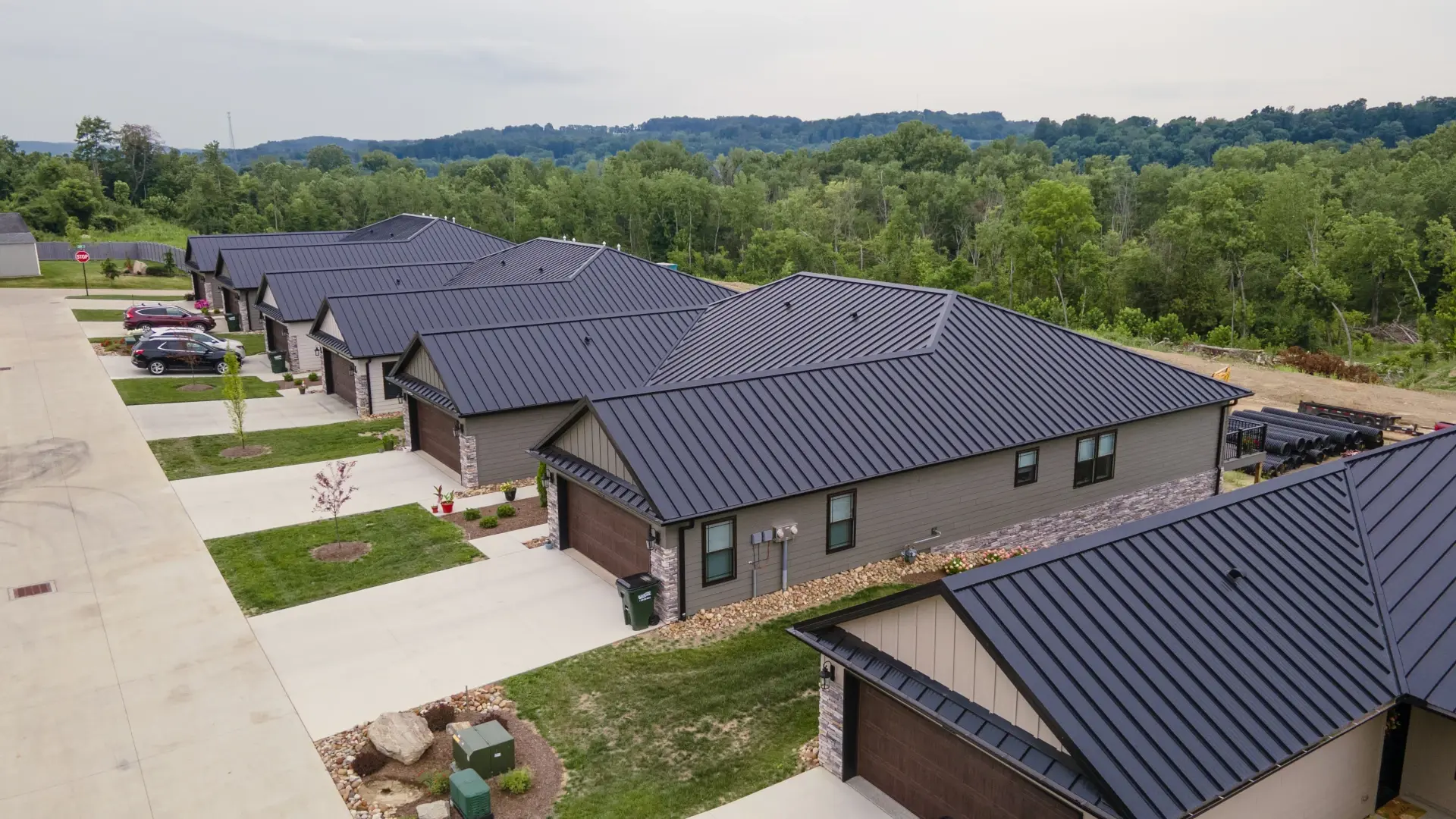 walnut creek metals row of homes with metal roofing