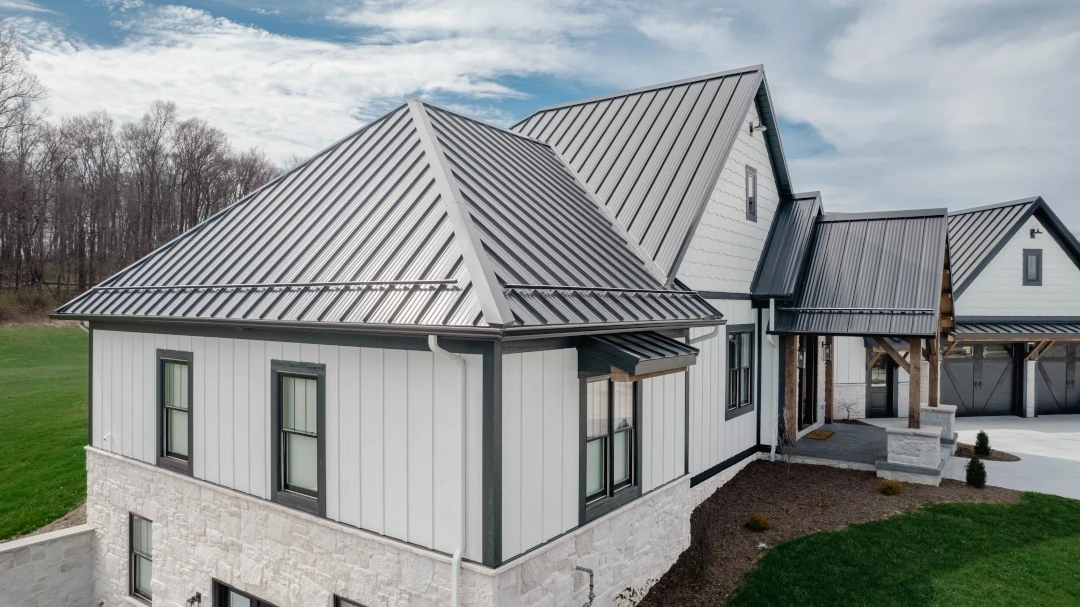 corner of residential home with new metal roof