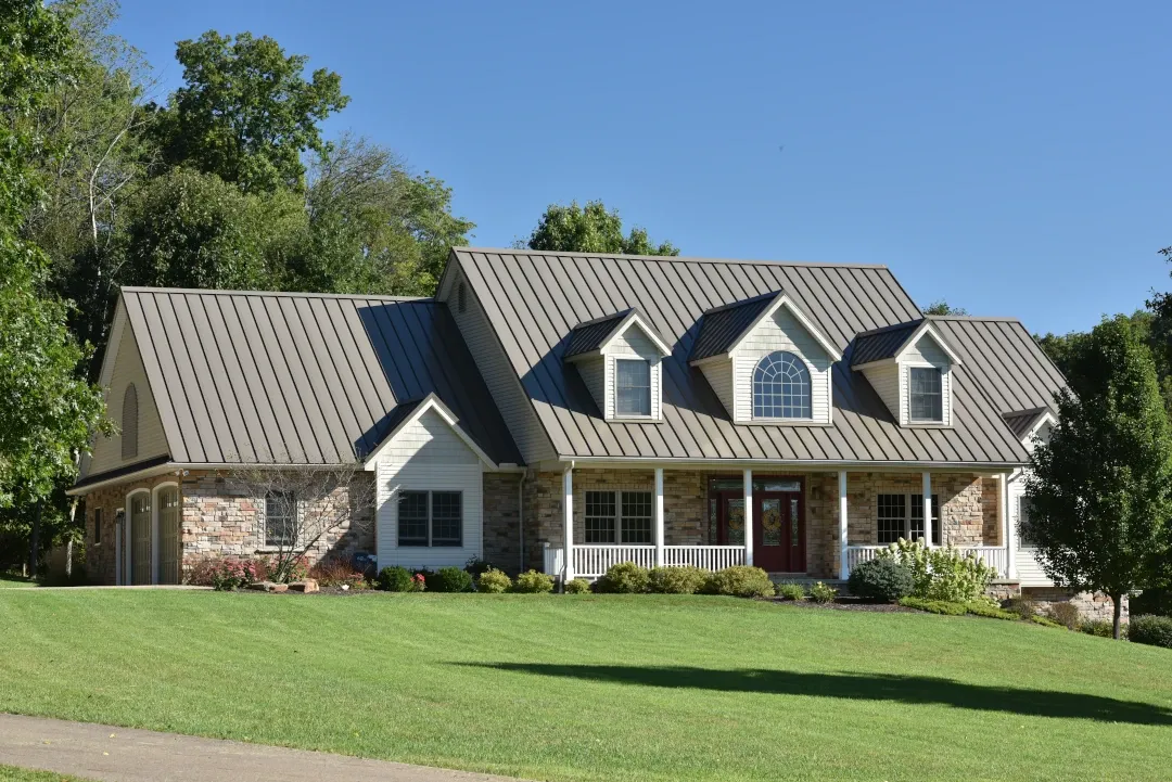 front of home large roof metal roofing