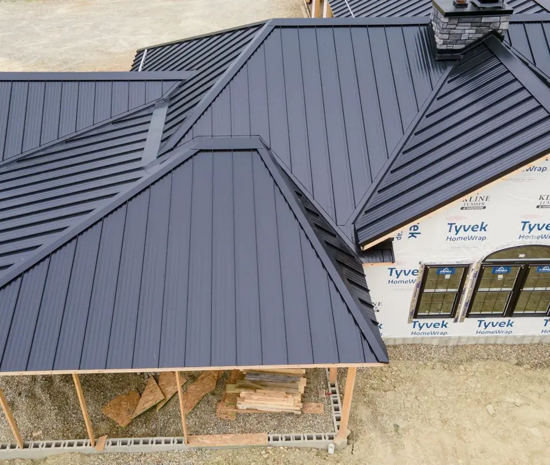 top down of metal roof on in progress built home