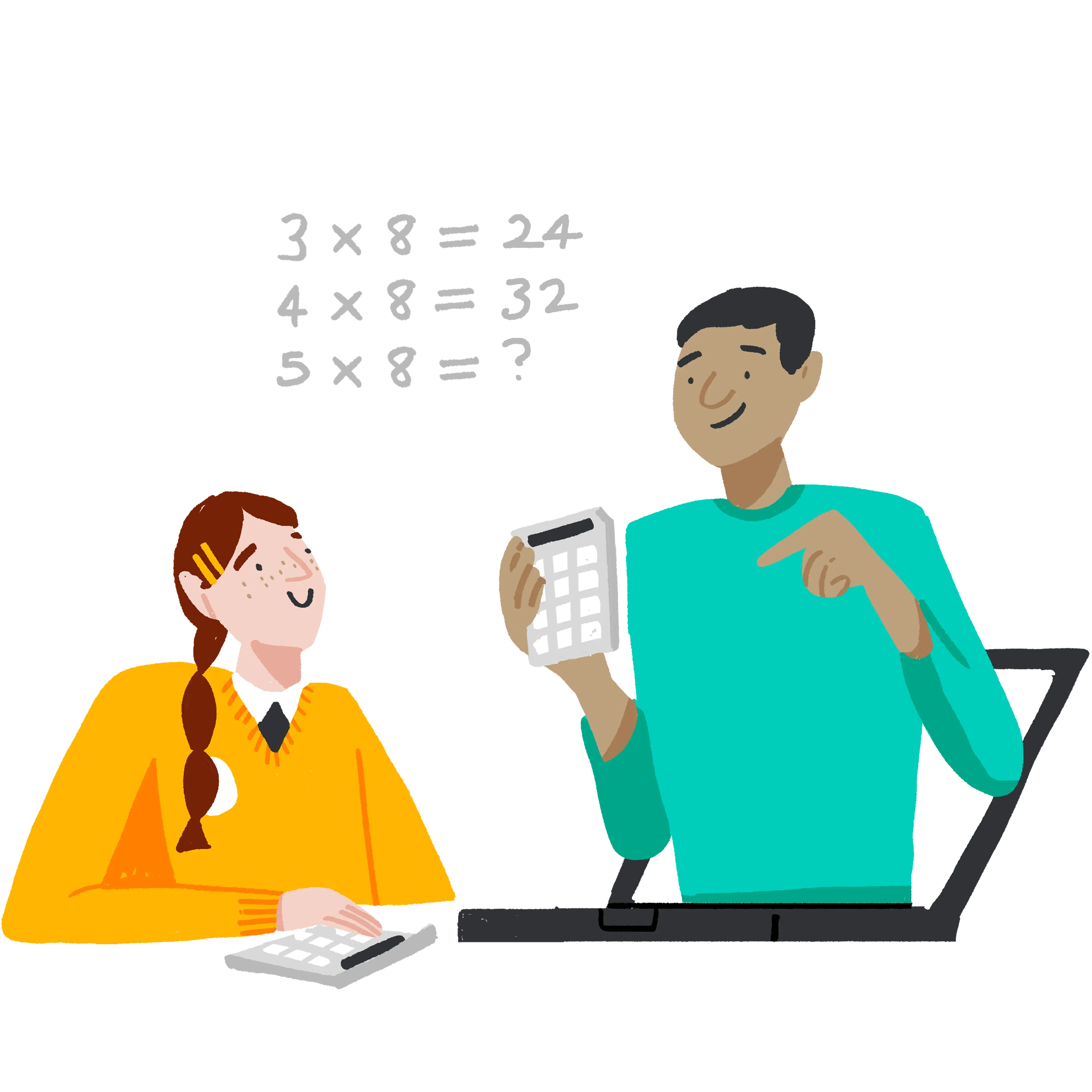 An illustration of a young female student doing multiplication in a maths lesson with a tutor on her laptop screen