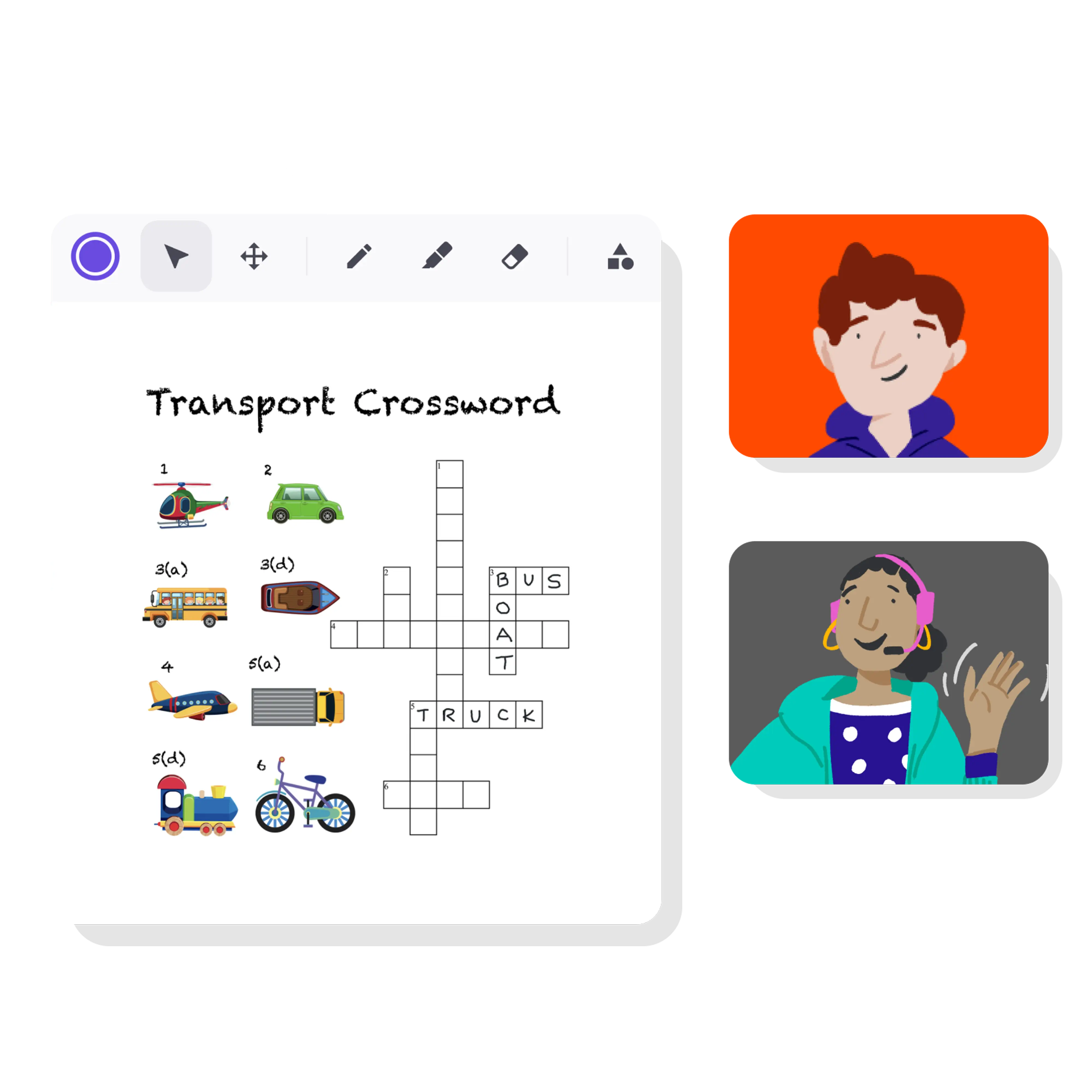 An illustration of a tutor waving to a male student during a lesson with a learning game on screen