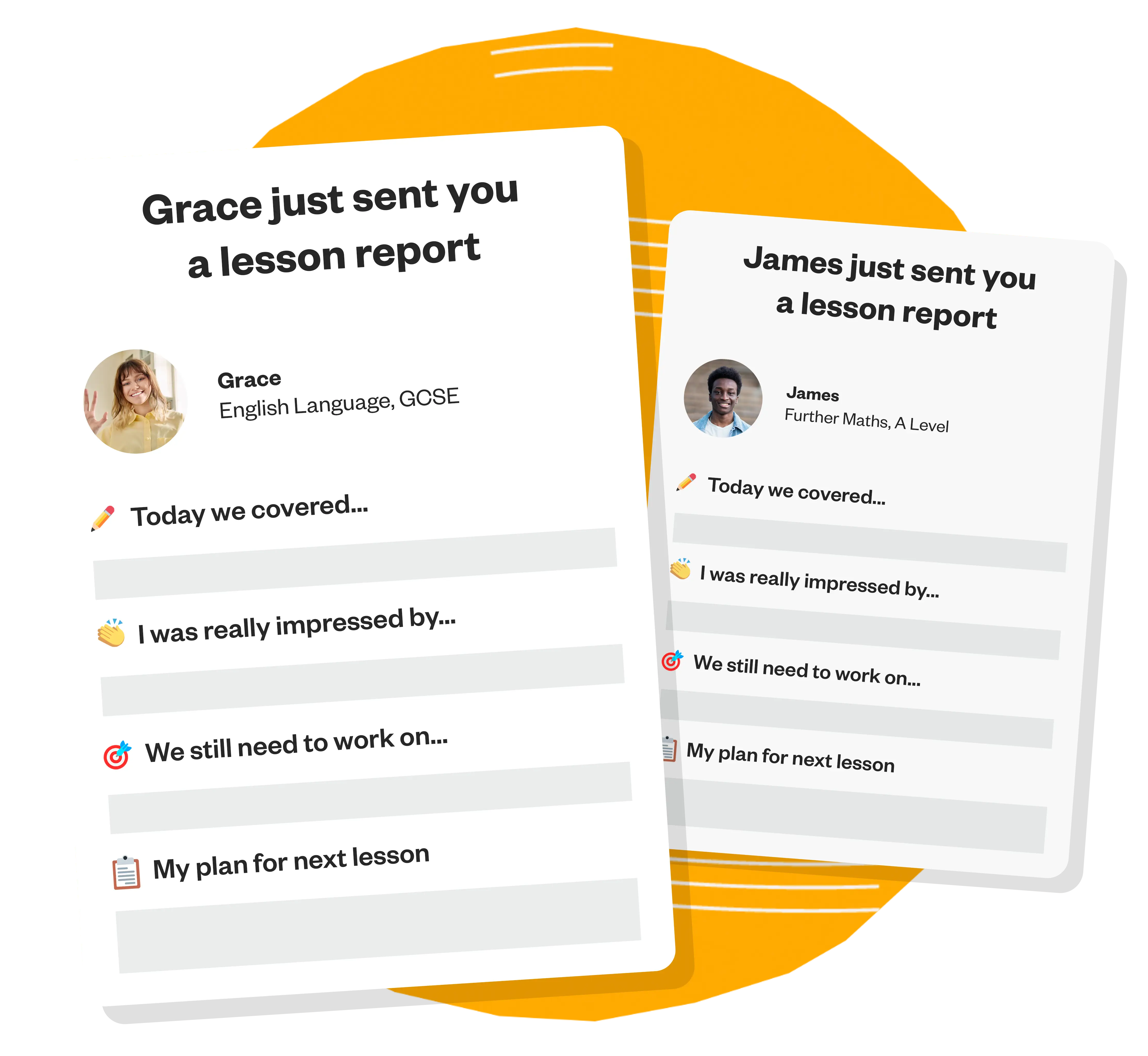Two example lesson reports with an orange circle background behind them