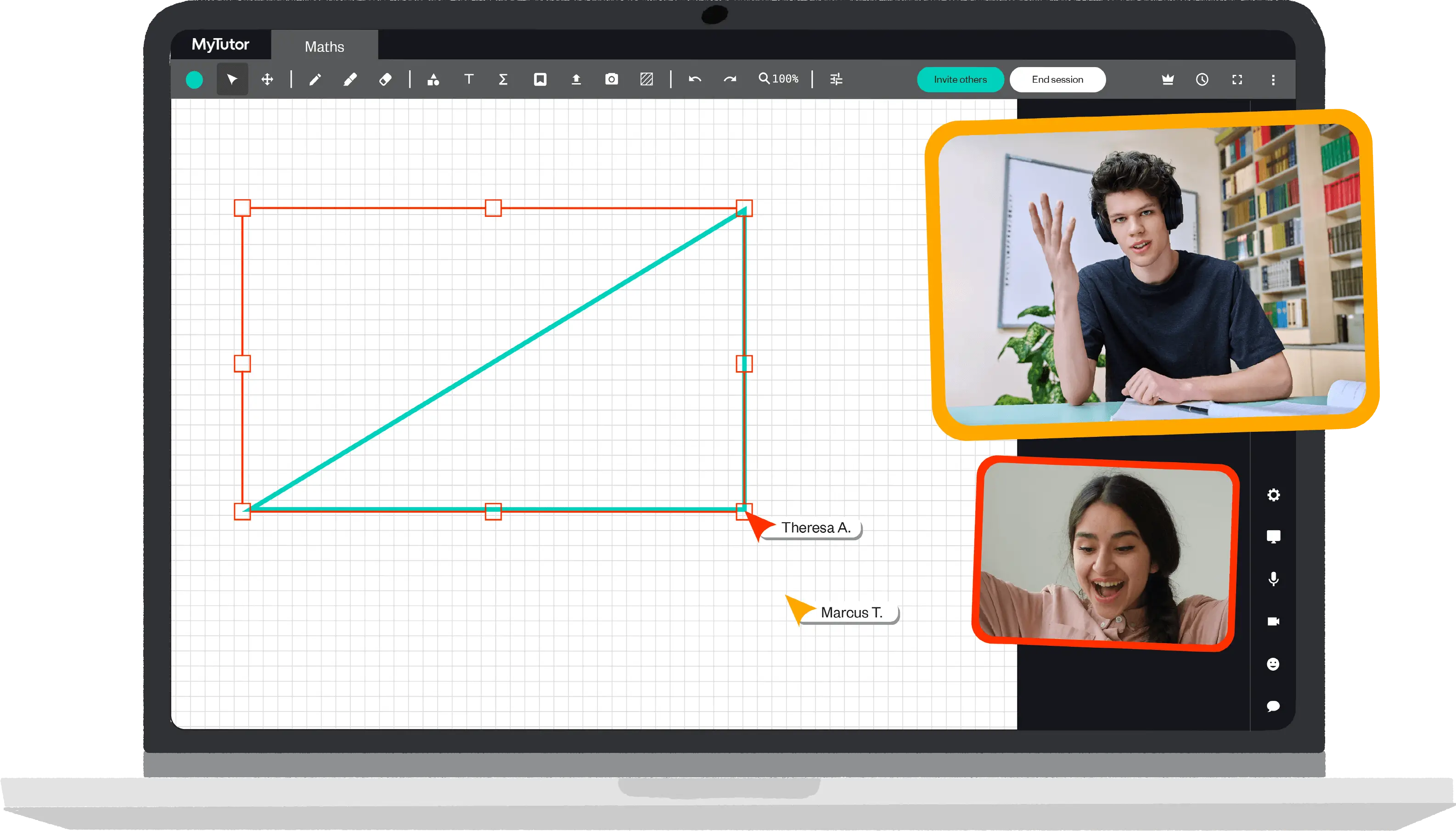An illustration of an online lesson in a tailored learning environment with tutor and student visible