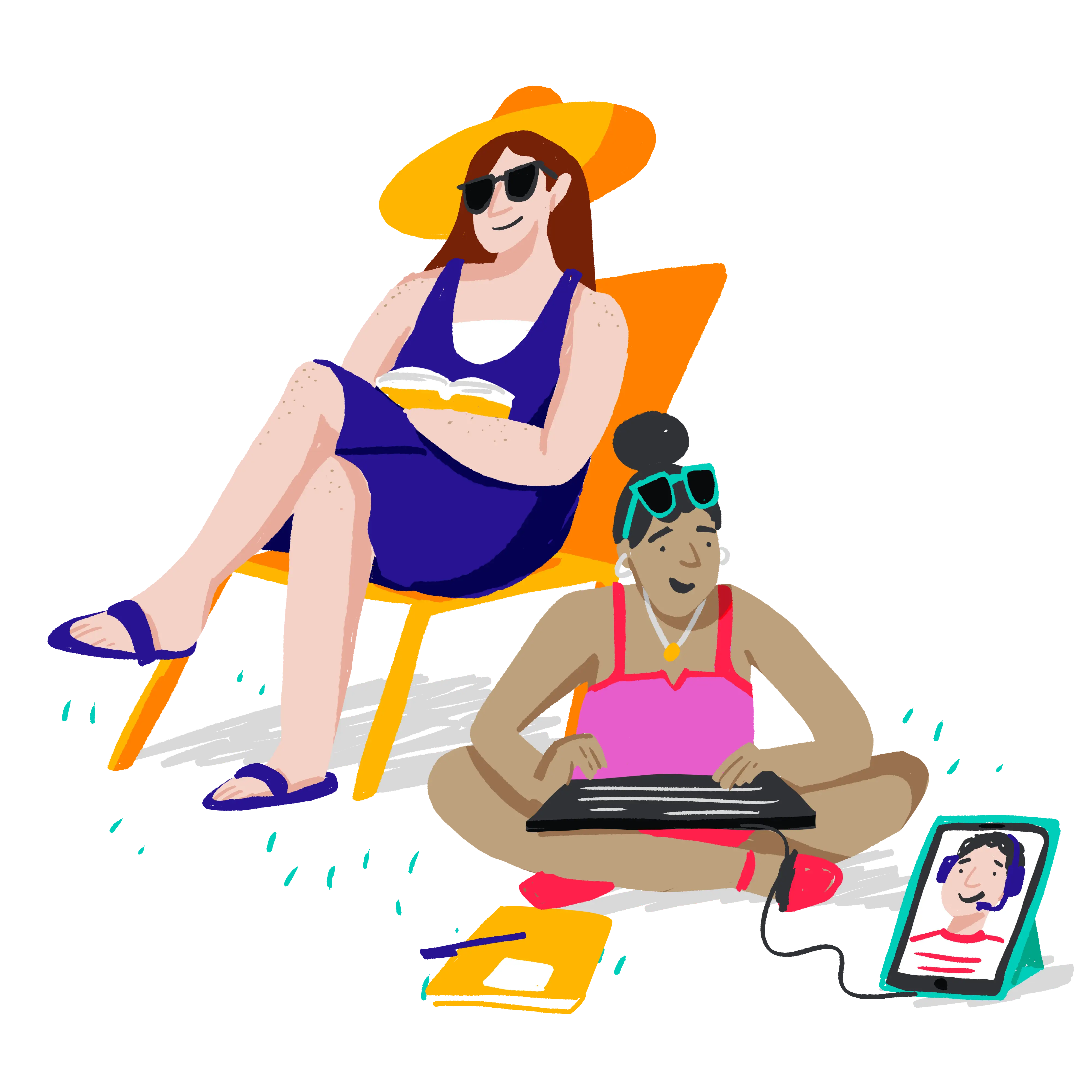 An illustration of a young student taking a lesson while on holiday with their parent