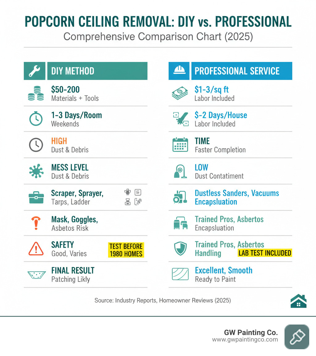 Comprehensive comparison chart showing DIY vs professional popcorn ceiling removal methods, including cost ranges, time requirements, mess levels, required tools, safety considerations, and final result quality for each approach - popcorn ceiling removal reviews infographic 