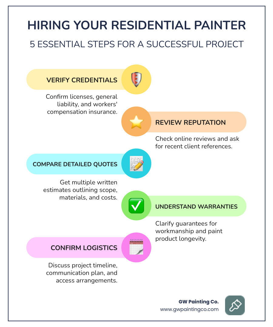 Infographic showing the 5 key steps to hiring a residential painter: 1) Check licenses and insurance, 2) Read reviews and get references, 3) Compare detailed written estimates, 4) Verify warranties and guarantees, 5) Confirm project timeline and communication plan - residential painters charlotte nc infographic infographic-line-5-steps-colors
