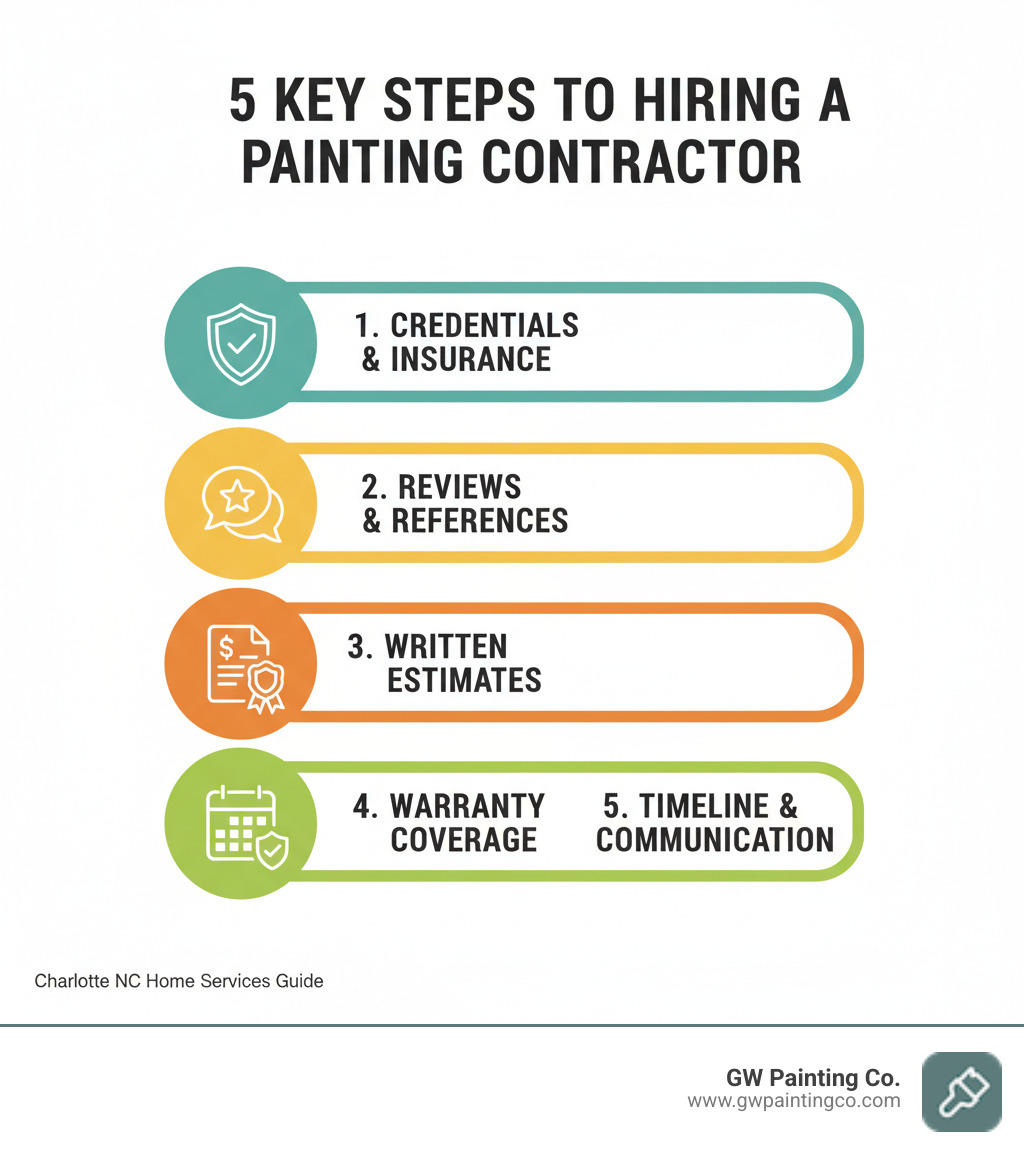 Infographic showing 5 key steps to hiring a painting contractor: 1. Check credentials and insurance, 2. Read reviews and ask for references, 3. Get detailed written estimates, 4. Verify warranty coverage, 5. Confirm project timeline and communication plan - charlotte nc painting company infographic 