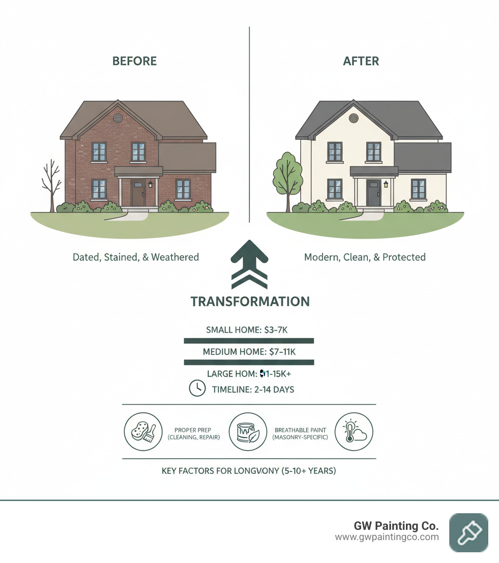 Infographic showing before and after comparison of a brick home change, including cost breakdown by home size, timeline expectations, and key factors affecting paint longevity such as proper preparation, breathable paint selection, and weather conditions during application - brick painting near me infographic 