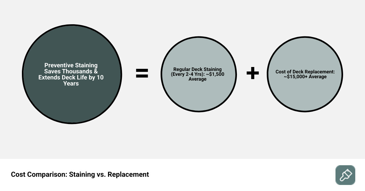 Infographic showing the cost comparison between regular deck staining every 2-4 years ($1,500 average) versus deck replacement ($15,000+ average), highlighting how preventive staining saves homeowners thousands while protecting their outdoor investment from Charlotte's humid climate and UV damage - deck staining charlotte nc infographic sum_of_parts Infographic showing the cost comparison between regular deck staining every 2-4 years ($1,500 average) versus deck replacement ($15,000+ average), highlighting how preventive staining saves homeowners thousands while protecting their outdoor investment from Charlotte's humid climate and UV damage - deck staining charlotte nc infographic sum_of_parts