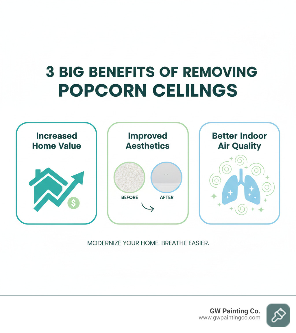 Infographic showing the top 3 benefits of removing popcorn ceilings: increased home value with upward trending arrow, improved aesthetics with before and after ceiling comparison, and better indoor air quality with clean air symbols - how to remove popcorn infographic Infographic showing the top 3 benefits of removing popcorn ceilings: increased home value with upward trending arrow, improved aesthetics with before and after ceiling comparison, and better indoor air quality with clean air symbols - how to remove popcorn infographic