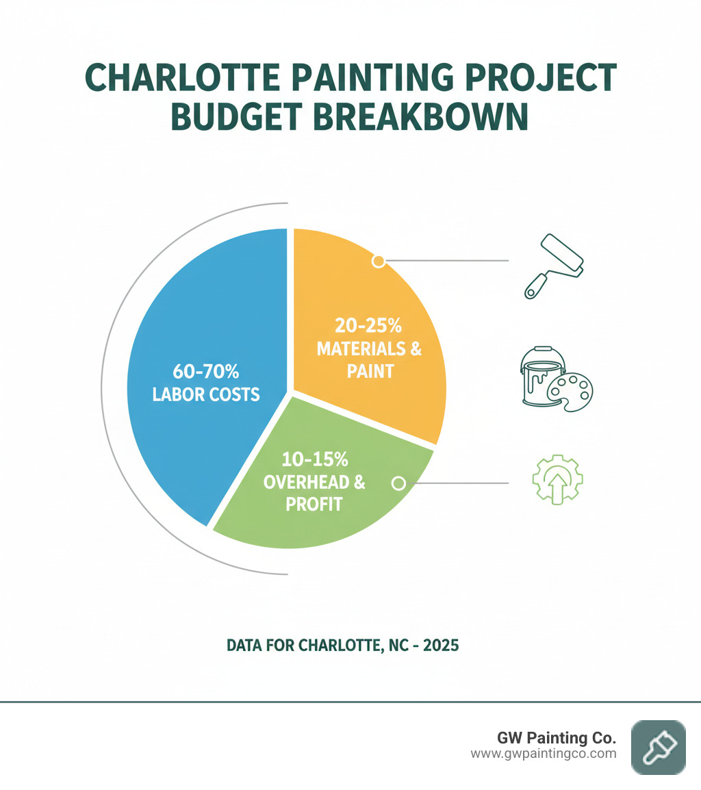 Infographic showing the breakdown of a typical painting project budget in Charlotte: 60-70% labor costs, 20-25% materials and paint, 10-15% overhead and profit margin - house painting charlotte cost infographic 