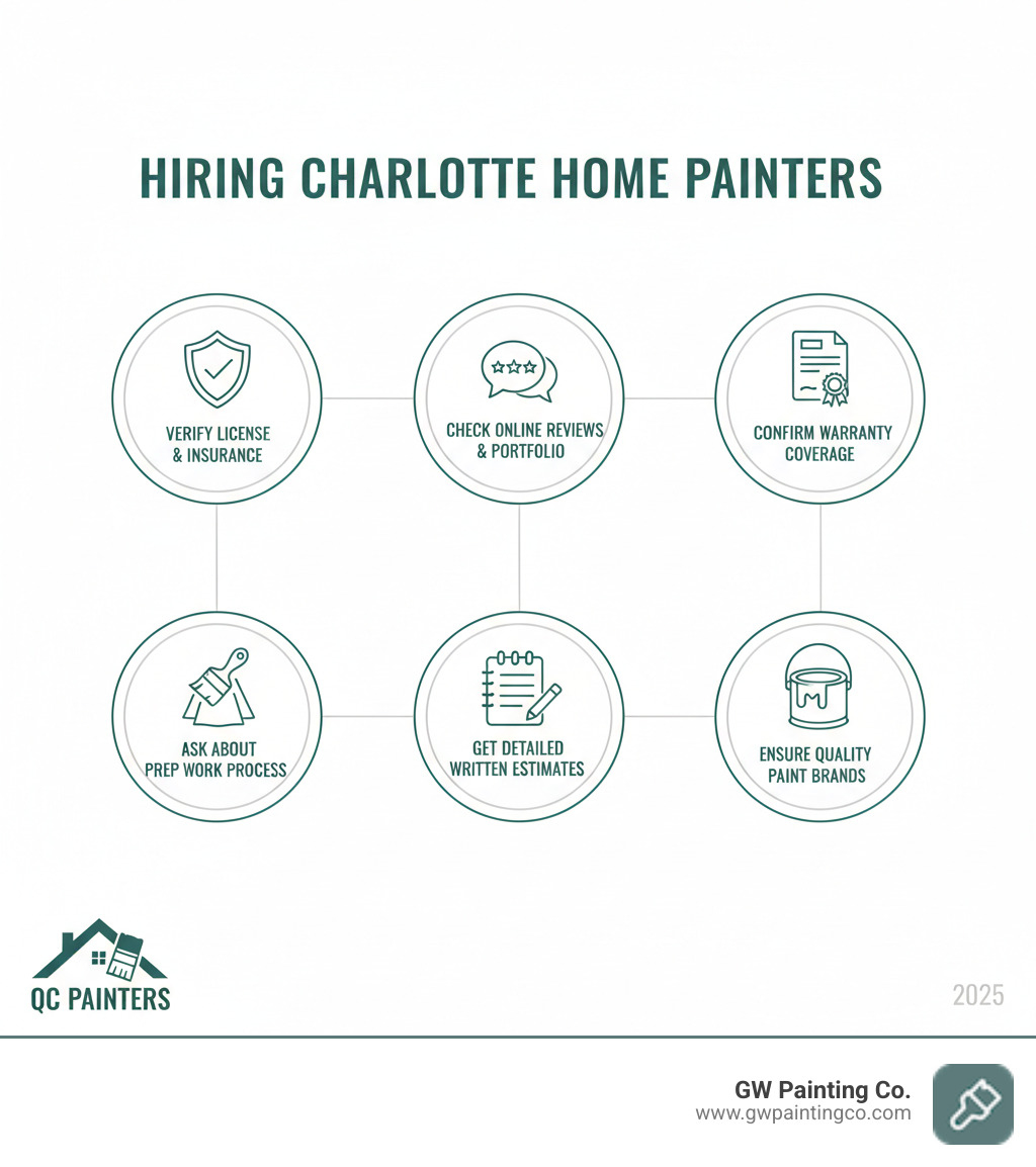 Infographic showing key factors when hiring Charlotte home painters: verify license and insurance, check online reviews and portfolio, confirm warranty coverage, ask about prep work process, get detailed written estimates, and ensure they use quality paint brands - Charlotte home painters infographic 