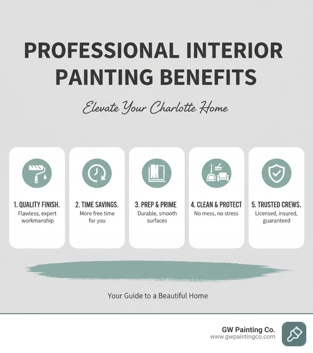 Comprehensive guide showing 5 key benefits of professional interior painting: quality workmanship with flawless finish, time savings for busy homeowners, proper surface preparation and priming, thorough cleanup and protection of belongings, and licensed insured crews with satisfaction guarantees - interior painters charlotte nc infographic 