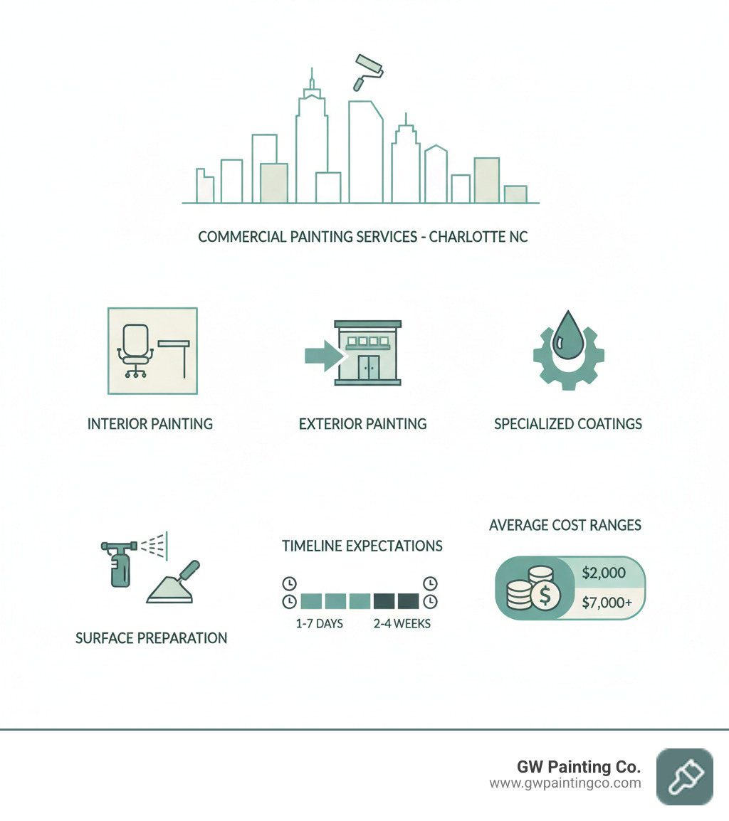 Comprehensive breakdown of commercial painting services available in Charlotte NC, including interior painting, exterior painting, specialized coatings, surface preparation methods, timeline expectations, and average cost ranges for different types of commercial properties - painting in charlotte nc infographic 