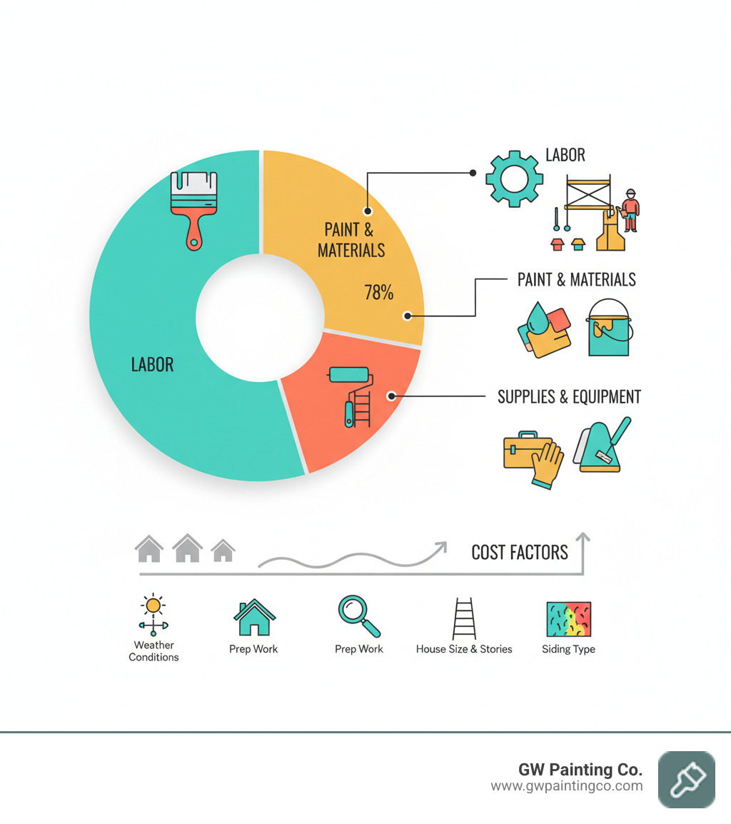 Breakdown of exterior house painting costs showing 70-80% labor, 15-20% paint and materials, 5-10% supplies and equipment with visual pie chart and cost factors - cost to paint house exterior infographic 
