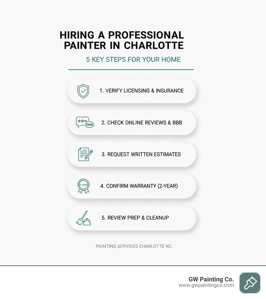 Infographic showing 5 key steps to hiring a professional painter in Charlotte: 1) Verify licensing and insurance credentials, 2) Check online reviews and BBB ratings, 3) Request detailed written estimates, 4) Confirm warranty coverage (2-year standard), 5) Review their preparation and cleanup process - painting services charlotte nc infographic Infographic showing 5 key steps to hiring a professional painter in Charlotte: 1) Verify licensing and insurance credentials, 2) Check online reviews and BBB ratings, 3) Request detailed written estimates, 4) Confirm warranty coverage (2-year standard), 5) Review their preparation and cleanup process - painting services charlotte nc infographic