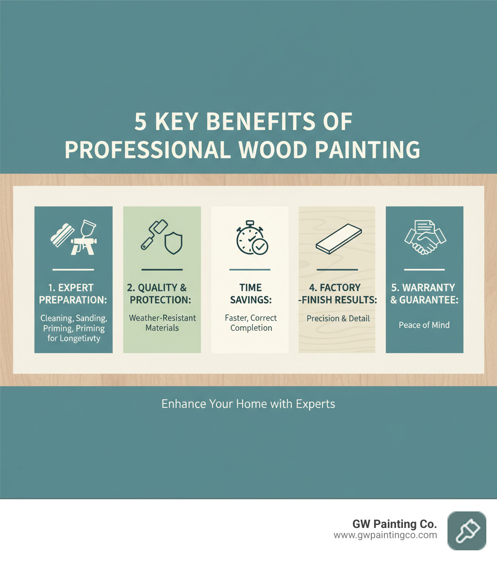 Infographic showing the 5 key benefits of hiring professional wood painters: 1) Expert surface preparation including thorough cleaning, sanding, and priming for long-lasting results, 2) Quality materials and application techniques that protect wood from weather and wear, 3) Time savings - professionals complete projects faster and correctly the first time, 4) Professional results with factory-finish quality and attention to detail, 5) Warranty and satisfaction guarantee for peace of mind - wood painters near me infographic 