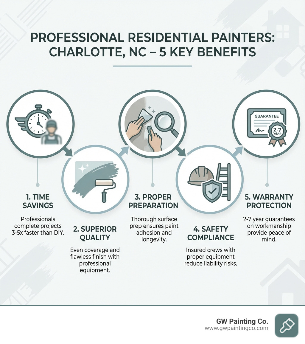 Infographic showing the 5 key benefits of hiring professional residential painters in Charlotte NC: 1. Time Savings - professionals complete projects 3-5x faster than DIY, 2. Superior Quality - even coverage and flawless finish with professional equipment, 3. Proper Preparation - thorough surface prep ensures paint adhesion and longevity, 4. Safety Compliance - insured crews with proper equipment reduce liability risks, 5. Warranty Protection - 2-7 year guarantees on workmanship provide peace of mind - residential painters Charlotte NC infographic 