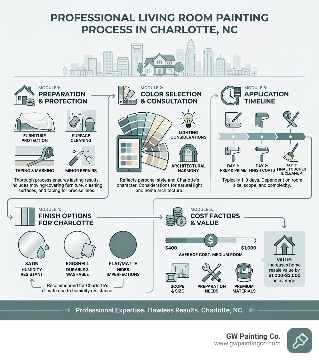 Professional living room painting process infographic showing preparation, color selection, application timeline, finish options, and cost factors for Charlotte homeowners - Living room painting Charlotte infographic 