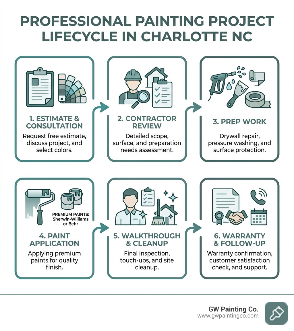 Infographic showing the professional painting project lifecycle in Charlotte NC: Step 1 - Request free estimate and color consultation; Step 2 - Contractor reviews scope, surfaces, and prep needs; Step 3 - Prep work including drywall repair, pressure washing, and surface protection; Step 4 - Paint application using premium paints such as Sherwin-Williams or Behr; Step 5 - Final walkthrough and cleanup; Step 6 - Warranty confirmation and follow-up - painting company charlotte nc infographic Infographic showing the professional painting project lifecycle in Charlotte NC: Step 1 - Request free estimate and color consultation; Step 2 - Contractor reviews scope, surfaces, and prep needs; Step 3 - Prep work including drywall repair, pressure washing, and surface protection; Step 4 - Paint application using premium paints such as Sherwin-Williams or Behr; Step 5 - Final walkthrough and cleanup; Step 6 - Warranty confirmation and follow-up - painting company charlotte nc infographic